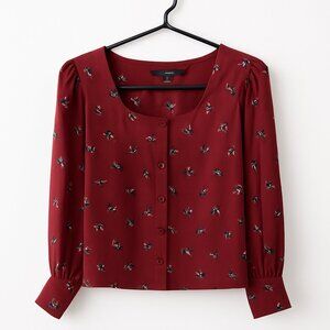 Red Floral Button-Front Blouse - Square Neck, Long Sleeves